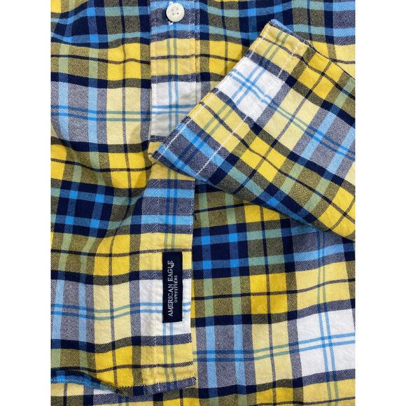 American Eagle Mens Seriously Soft Flannel Shirt Sz Large Yellow Blue Plaid READ - Picture 5 of 12